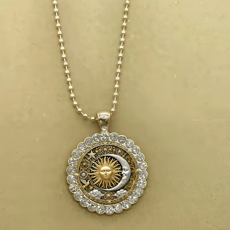 Vintage Gold Sun & Moon Pendant Necklace – Geometric Design, All-Season Jewelry for Women, Perfect for Daily Wear, Parties & Balls